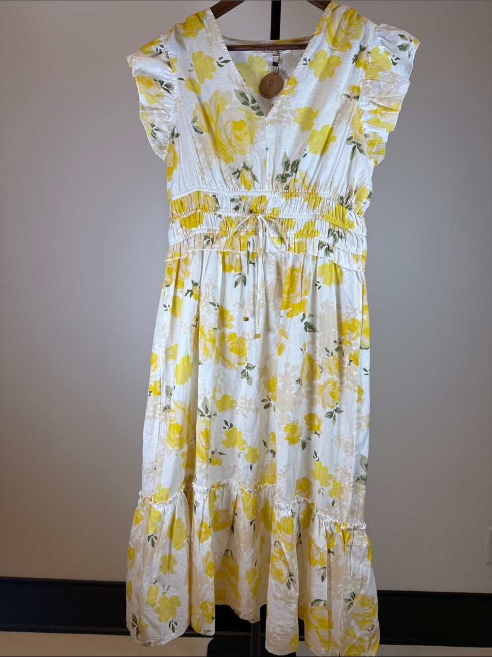 Lapogee Linen Cotton Blend Yellow Floral Smocked Midi Dress Size XL Boho Summer